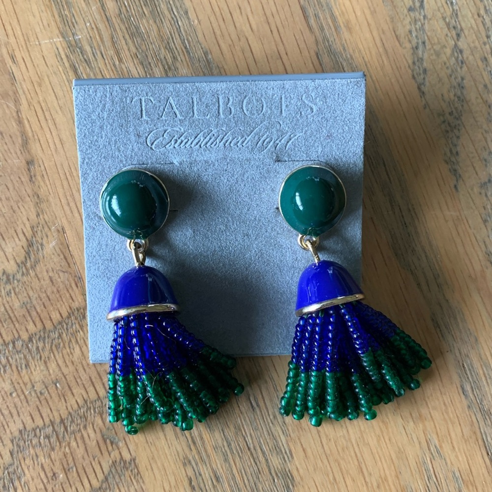 TALBOTS New Earrings Beads Tassel Drop Navy Emerald Green.